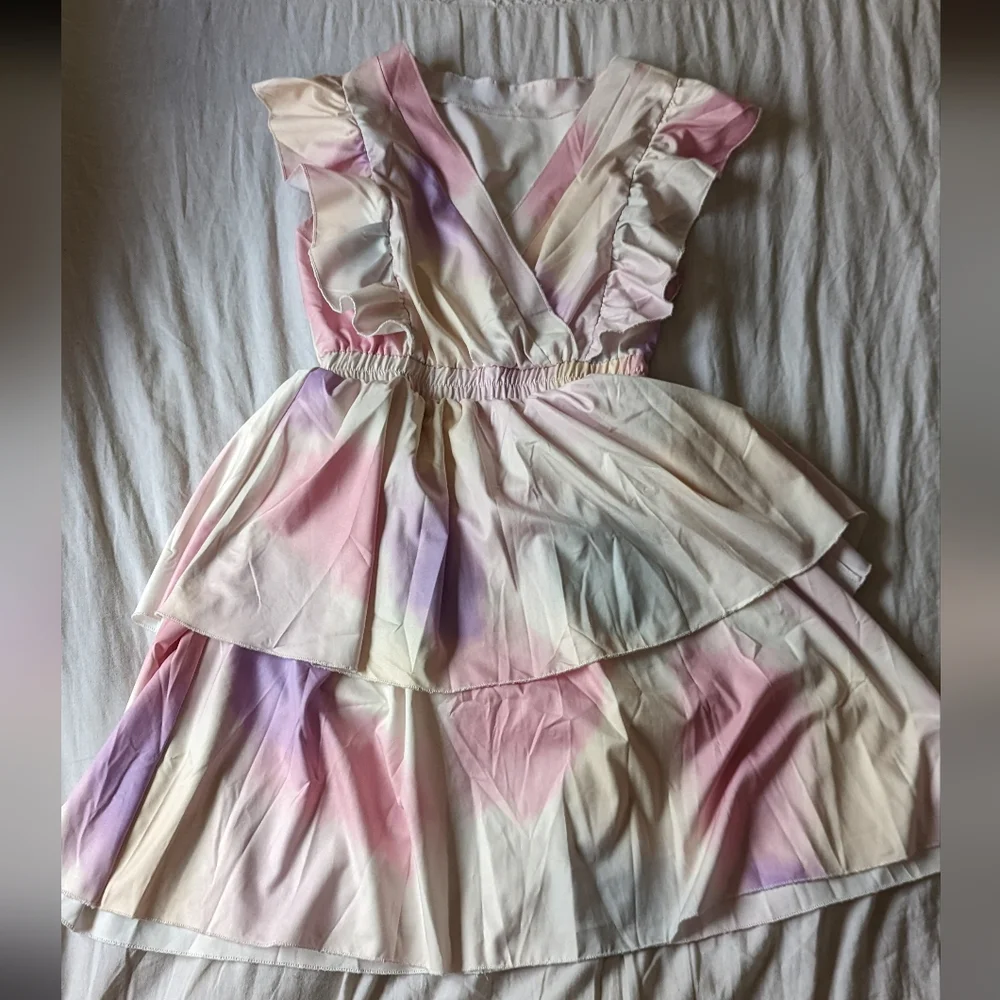 Layered ruffles mini dress cotton candy sunset tie dye M - Picture 1 of 5